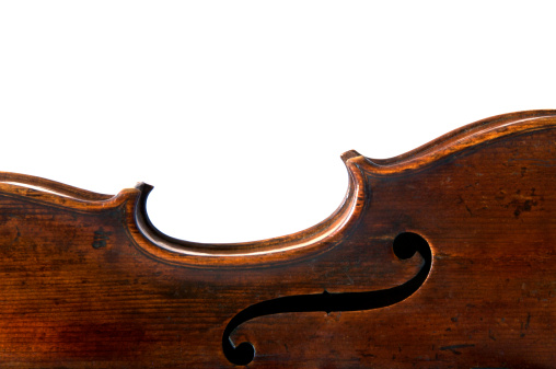 Violin and music sheets on wooden table, top view