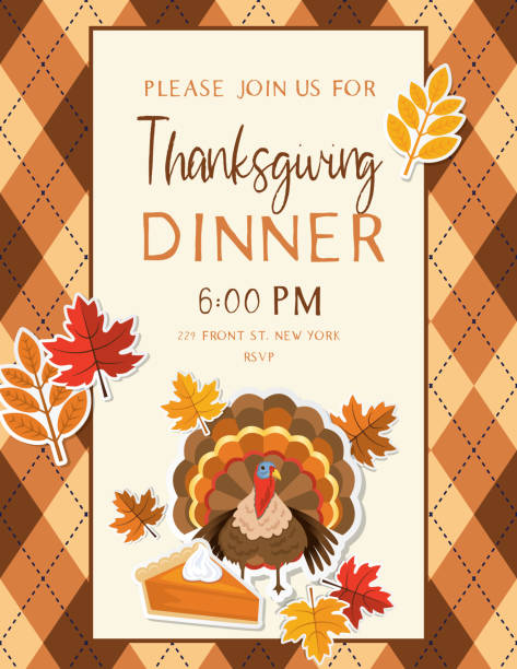 Thanksgiving Dinner Invitation Template Thanksgiving Dinner invites on plaid background with holiday icons. thanksgiving dinner stock illustrations