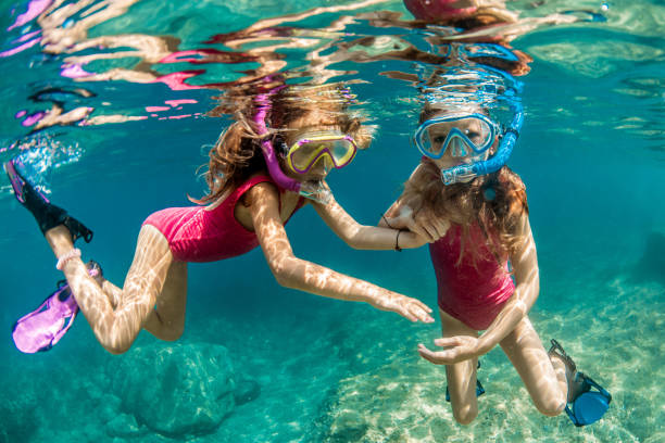istock Sisters snorkeling and playing underwater 1336177347