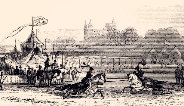 MEDIEVAL TOURNAMENT   (High resolution  with lots of details) Medieval Tournament : The joust-a one on one duel between mounted knights using wooden lances. Vintage engraving circa late 19th century chivalry stock illustrations