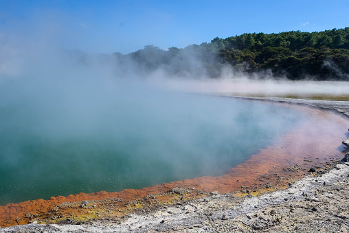 Geothermal Landscape with hot boiling mud and sulphur springs due to volcanic activity in Wai-O-Tapu, Thermal Wonderland New Zealand