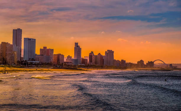 Durban golden mile beach with white sand and skyline South Africa stock photo