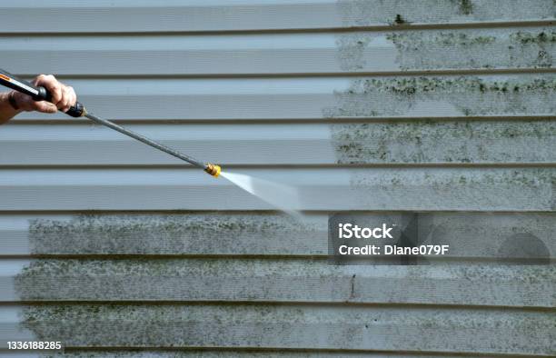 Exterior Cleaning Work In Progress Stock Photo - Download Image Now - High Pressure Cleaning, House, Siding - Building Feature