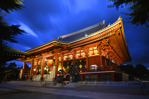 Kyoto, Japan - October 9, 2023: The Yasaka Pagoda and Sannen Zaka Street with no people in the street, Gion district in Kyoto, Japan at night.