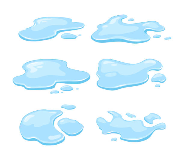 ilustraciones, imágenes clip art, dibujos animados e iconos de stock de derrame de agua, charcos sobre un fondo blanco aislado. líquido natural de otoño azul en el suelo. agua limpia. ilustración vectorial - puddle condensation water drop
