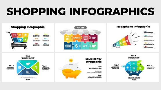 E-commerce infographic presentation. Shopping cart. Puzzle store. Email marketing concept. Megaphone and piggy bank. Digital market.