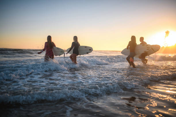 istock Gold Coast Surfers Running into Water with Boards at Dawn 1336192725