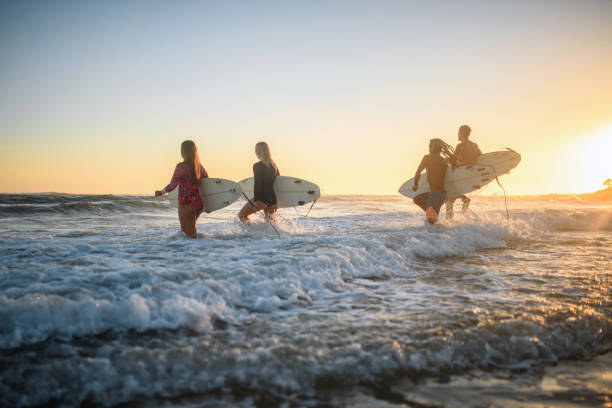 istock Gold Coast Surfers Running into Water with Boards at Dawn 1336192740