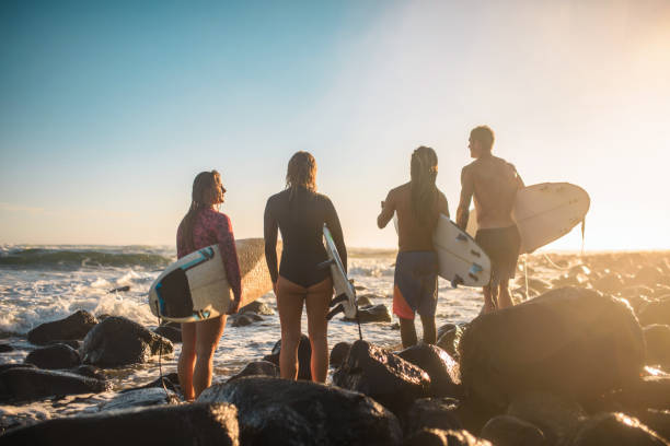 istock Four Surfing Friends with Boards Checking Morning Waves 1336192742