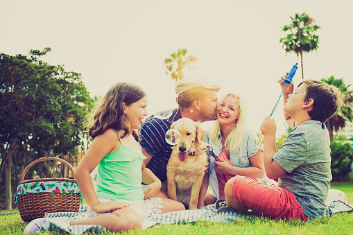 Mother, Father, sons and their dog in a happy summer time laughing, the boy playing with soap bubbles. Happy family doing picnic in the park. Holiday and family love concept - Image