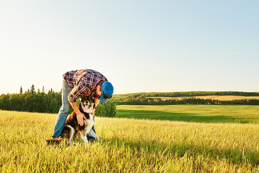 Man playing with his pet dog in the farm on a summer day
