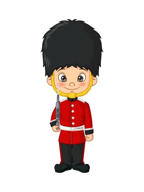 illustrazioni stock, clip art, cartoni animati e icone di tendenza di bambino dei cartoni animati che indossa il costume dei soldati dell'esercito britannico - soldier hat