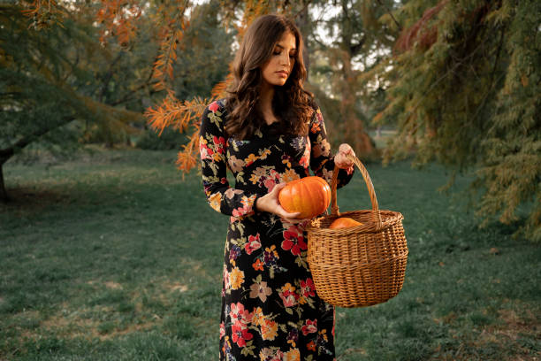 istock Brunette with wicker basket putting in pumpkins, preparing for Halloween 1336200009