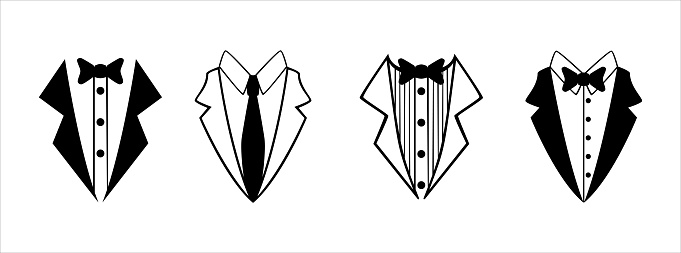 Tuxedo suit vector design illustration set. Formal gentleman wear. Isolated in white background