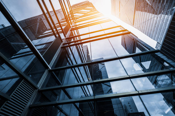 istock Modern office building from below Skyscrapers in a finance district 1336201722