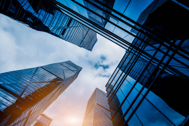 istock Modern office building from below Skyscrapers in a finance district 1336201731