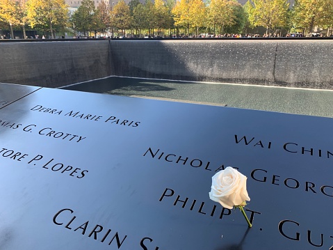 A white rose in at National September 11 Memorial in New York