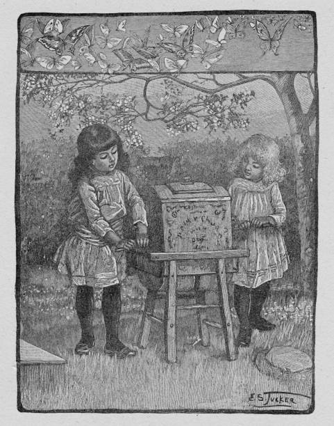 Girls Churn Buttermilk Two girls churn buttermilk in a fancy churner. Illustration published 1887. Source: Original edition is from my own archives. Copyright has expired and is in Public Domain. butter churn stock illustrations