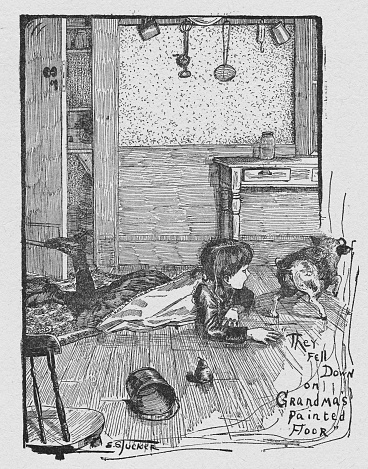 One girl plays with pig on floor of kitchen pantry. Humor. Illustration published 1887 picture story book. Source: Original edition is from my own archives. Copyright has expired and is in Public Domain.