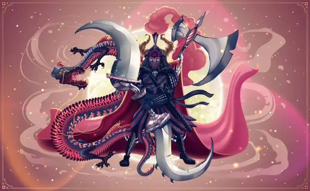 Vector illustration of Japanese samurai and dragon or snake battle over moon illustration, fantasy art with warrior with sword and fire breathing Chinese flying dragon over moon. Asian vector artwork.