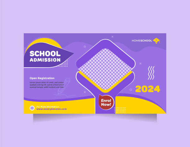 School education admission promotional social media post and banner template. Creative idea kids school vector horizontal banner design with modern blue yellow color School education admission promotional social media post and banner template. Creative idea kids and children school vector horizontal banner design with modern blue yellow color. Creative back to school promotion design high school enrollment stock illustrations