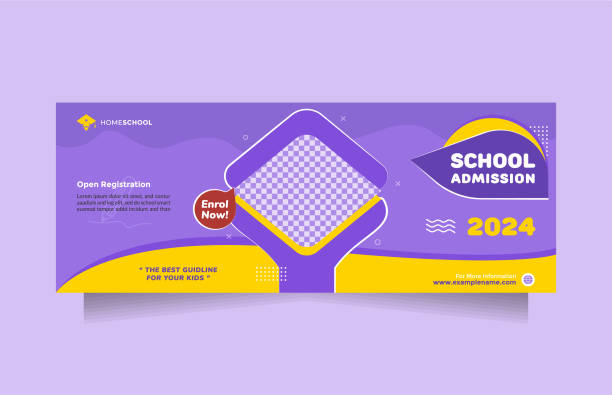 School education admission promotional social media post and banner template. Creative idea kids school vector horizontal banner design with modern blue yellow color School education admission promotional social media post and banner template. Creative idea kids school vector horizontal banner design with modern blue yellow color. Creative back to school promotion design high school enrollment stock illustrations