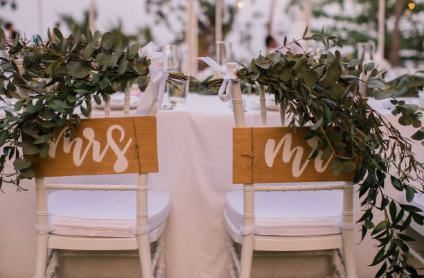 istock Wedding reception chairs for wedding couple with bride and groom wording . 1336210784