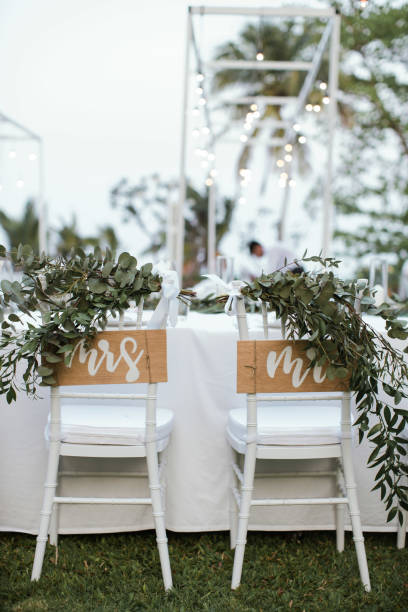 istock Wedding reception chairs for wedding couple with bride and groom wording . 1336210786