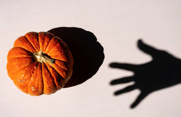 istock Hand silhouette reaching for Halloween pumpkin, creative composition with shadows. Mockup leaflet or flyer in minimalism style. 1336212927