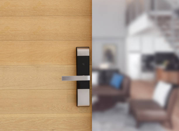 istock Digital door lock installed on wood door for security and access the room 1336216151