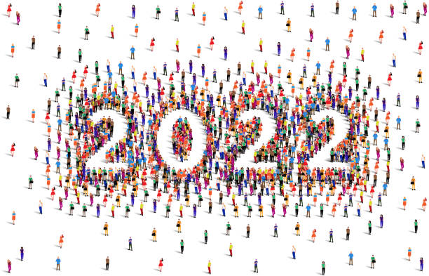 istock 2022 happy new year greeting card design. A large group of people form to create the year number 2022 or twenty twenty two 1336216408