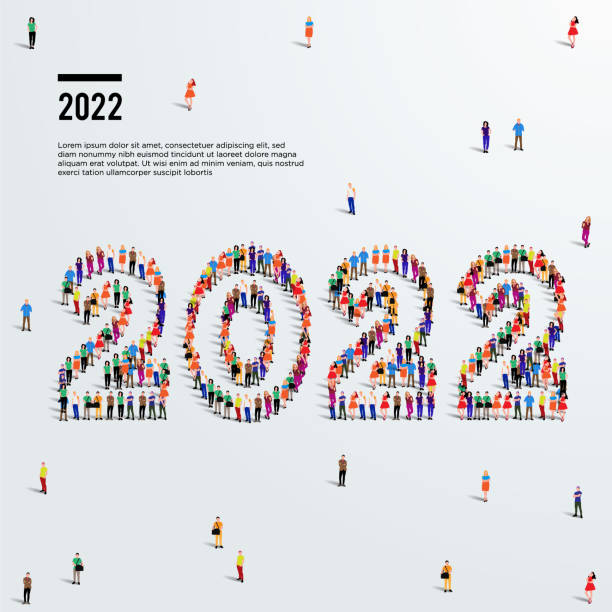 istock 2022 happy new year greeting card design. A large group of people form to create the year number 2022 or twenty twenty two 1336216413