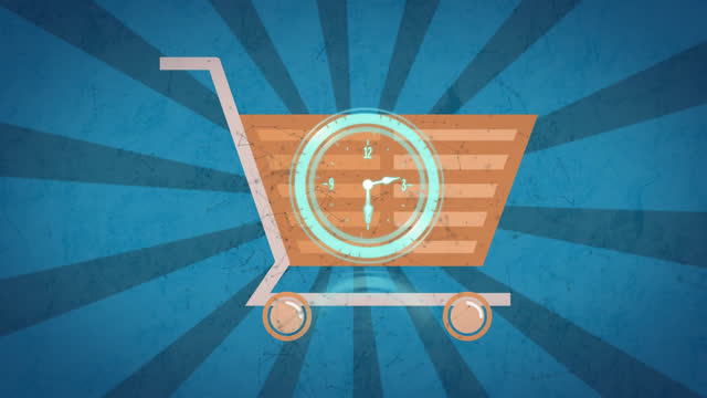Animation of clock, over network of connections and shopping cart