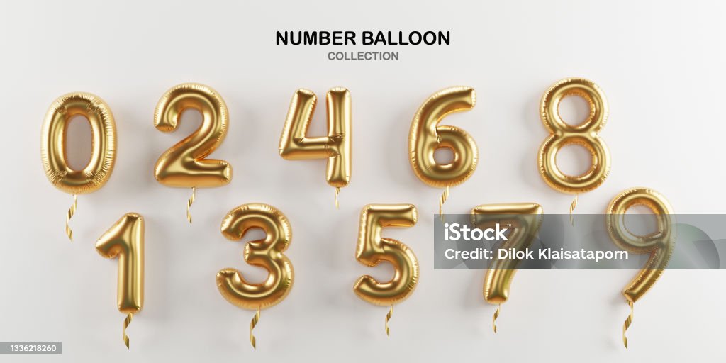 Isolate of golden number balloon 0 to 9 on white background for decorate merry Christmas , Happy new year ,valentine's day and Birthday cerebration party by 3D rendering. Balloon Stock Photo