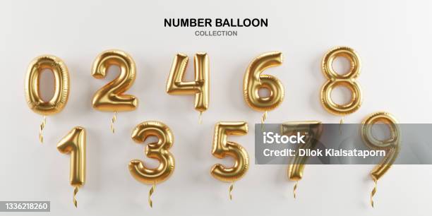 Isolate Of Golden Number Balloon 0 To 9 On White Background For Decorate Merry Christmas Happy New Year Valentines Day And Birthday Cerebration Party By 3d Rendering Stock Photo - Download Image Now