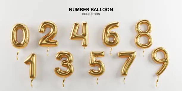 Photo of Isolate of golden number balloon 0 to 9 on white background for decorate merry Christmas , Happy new year ,valentine's day and Birthday cerebration party by 3D rendering.