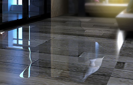 Water leaking and flooded on wood parquet floor. Room floor will damage after the water flooded. 3D illustration and rendering