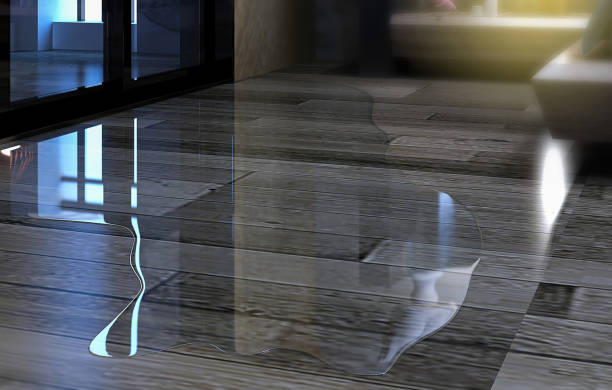 Water leaking and flooded on wood parquet floor. Water leaking and flooded on wood parquet floor. Room floor will damage after the water flooded. 3D illustration and rendering wet wood texture stock pictures, royalty-free photos & images
