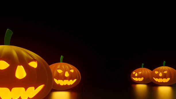 istock Halloween Pumpkins with warm light on dark background. 3d rendering. 1336220572