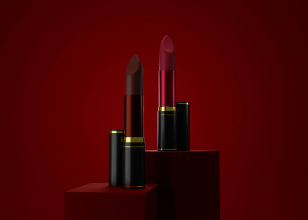 istock Attractive lipsticks product on square stage on red background. 3d illustration. 1336220573