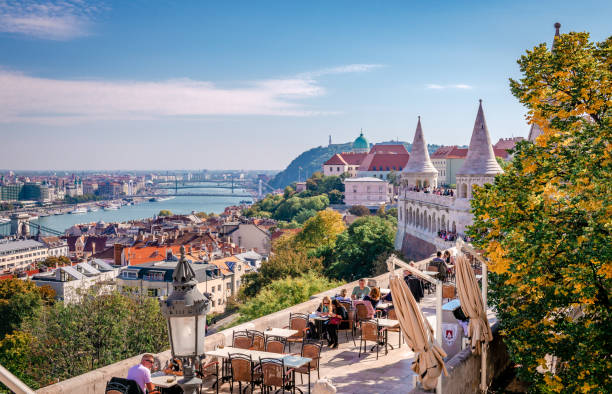 panorama di budapest dal bastione dei pescatori. - royal palace of buda immagine foto e immagini stock