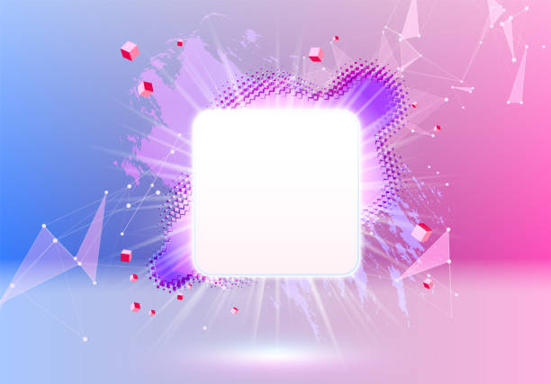 istock Abstract pink and blue vaporwave styled background with shiny neon frame, brush stroke, halftone blot and  triangular dotted grid. 1336221374