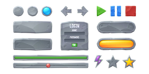 ilustraciones, imágenes clip art, dibujos animados e iconos de stock de establecer barras de progreso y elementos de interfaz gráfica de usuario de botones de juego - flash menu flash