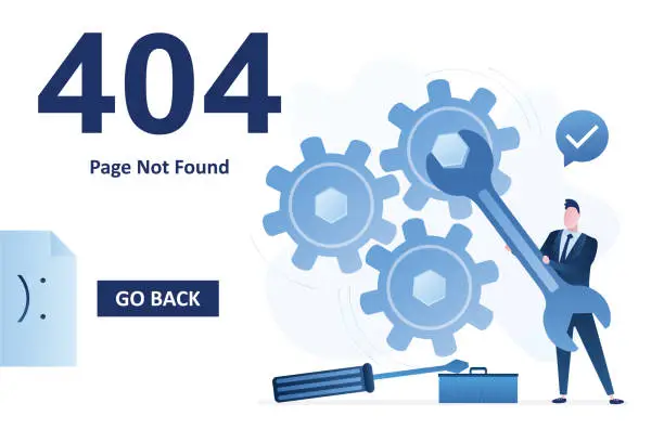 Vector illustration of 404 error, page not found landing page template. Businessman holding wrench and repairing gears. No connection, error.