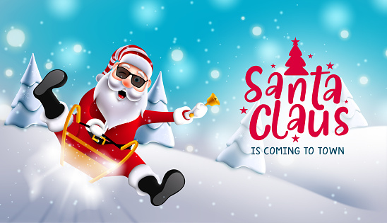 Christmas santa vector background design. Santa claus is coming to town text with christmas character sliding and riding sleigh in snow for xmas season celebration. Vector illustration.
