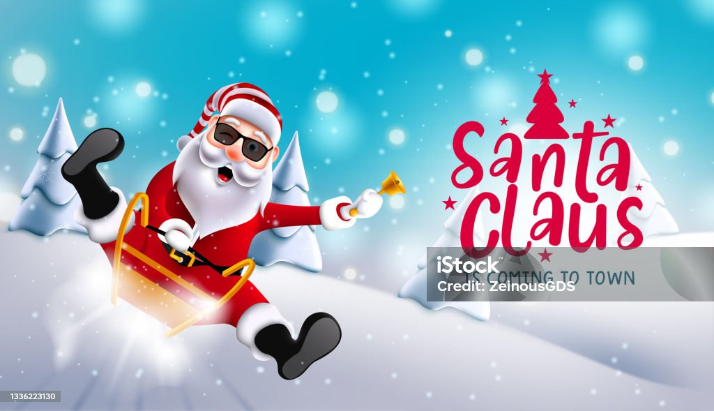 Christmas Santa Vector Background Design Santa Claus Is Coming To Town Text  With Christmas Character Sliding And Riding Sleigh In Snow For Xmas Season  Celebration Stock Illustration - Download Image Now - iStock