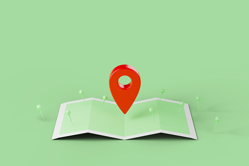 Mobile navigation, gps satellite navigation, travel, tourism and location route planning concept. Map and red pinpoint on green background. 3d illustration