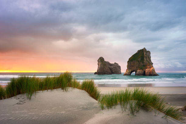 playa de wharariki - golden bay fotografías e imágenes de stock