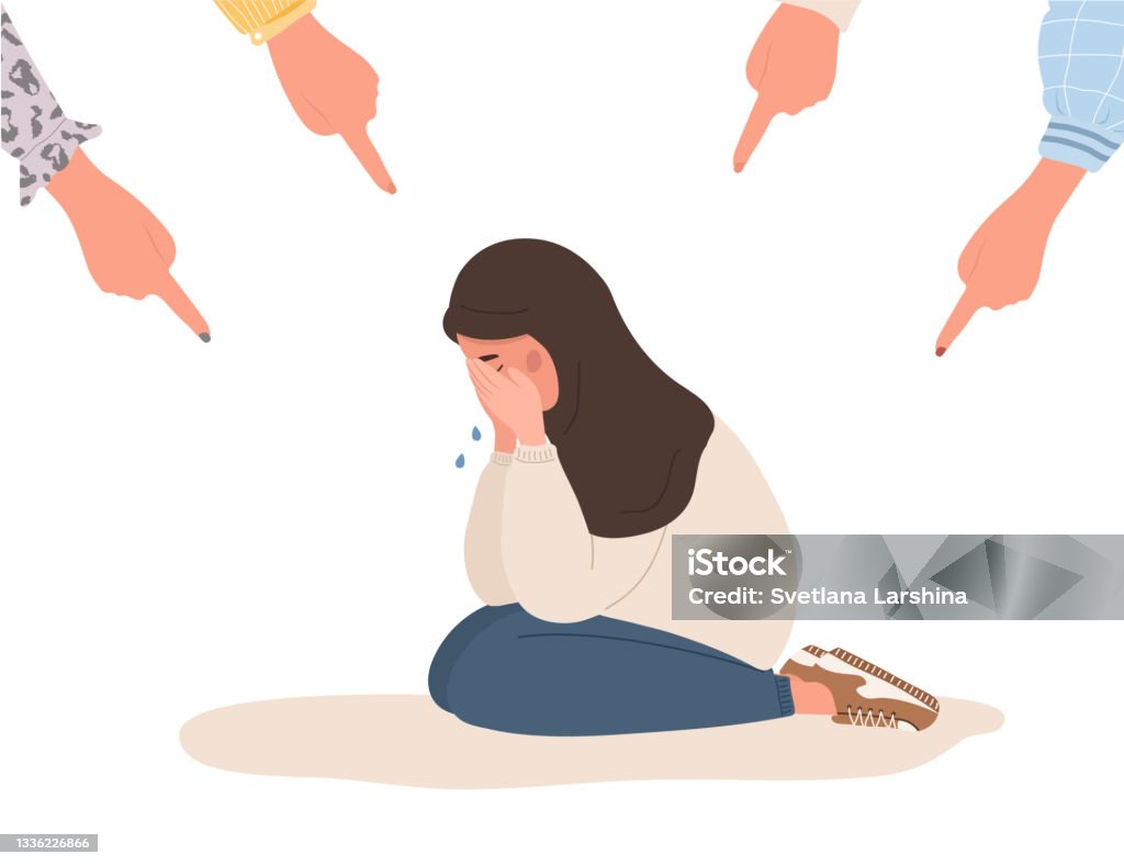 Social Bullying Fingers Pointing On Sad Arab Girl Depressed Teenager In  Hijab Sitting On Floor And Crying Violence In School Vector Illustration In  Flat Cartoon Style Stock Illustration - Download Image Now -