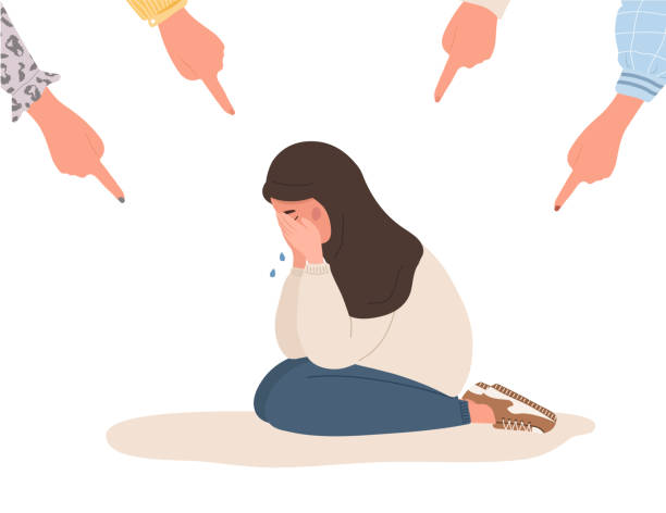Social bullying. Fingers pointing on sad arab girl. Depressed teenager in hijab sitting on floor and crying. Violence in school. Vector illustration in flat cartoon style Social bullying. Fingers pointing on sad arab girl. Depressed teenager in hijab sitting on floor and crying. Violence in school. Vector illustration in flat cartoon style. muslim cartoon stock illustrations